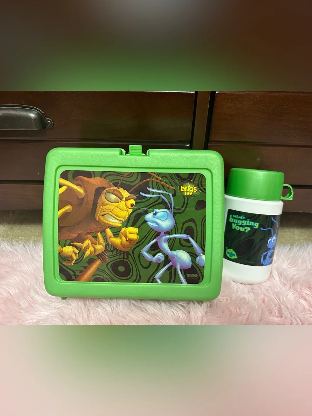 Vintage Disney's A Bug's Life Plastic Green Lunch Box With Thermos
